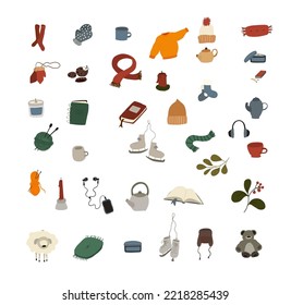 Colorful big vector cosy set of winter objects