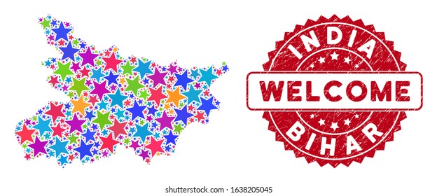 Colorful Bihar State map collage of stars, and distress round red WELCOME seal. Abstract territory scheme in colorful color tints. Vector Bihar State map is created of color stars.