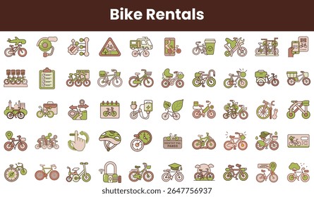 Colorful bike rental icons featuring various bicycle styles, accessories, and related symbols, perfect for promoting eco-friendly transportation options.