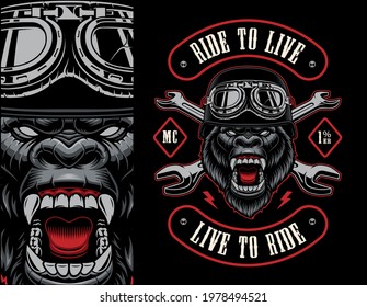 Colorful biker patch with a gorilla biker, this design can be used as well as a t-shirt print.