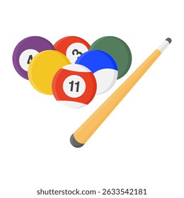 Bolas de bilhar coloridas com baquetas no fundo branco. Bilhar Bolas e Cue Sticks Ícone Indoor Equipamentos Esportivos.