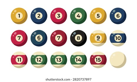 colorful billiard balls with numbers arranged in rows isolated on transparent background with shading and highlights for pool game use