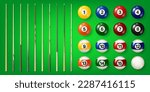 Colorful billiard balls with numbers and various pool cues on green background. Glossy snooker ball. Sports equipment. Vector illustration