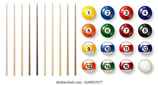 Colorful billiard balls with numbers and various pool cues. Glossy snooker ball. Sports equipment. Vector illustration.