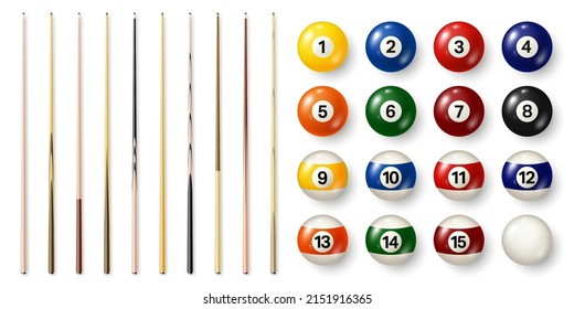 Colorful Billiard Balls With Numbers And Various Pool Cues. Glossy Snooker Ball. Sports Equipment. Vector Illustration.