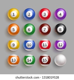 Colorful billiard balls with shadow collection. Glossy spheres with numbers one to fifteen. Realistic 3d balls for pool or snooker game vector illustration. Sport equipment isolated on grey background