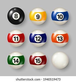 Colorful billiard, pool balls with numbers on gray background. Realistic glossy snooker ball. Vector illustration.