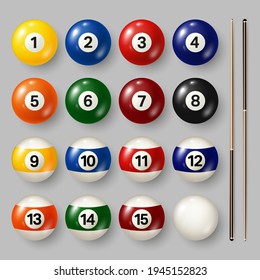 Colorful billiard, pool balls with numbers on gray background. Realistic glossy snooker ball. Vector illustration.