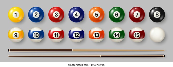 Colorful billiard, pool balls with numbers on gray background. Realistic glossy snooker ball. Vector illustration.