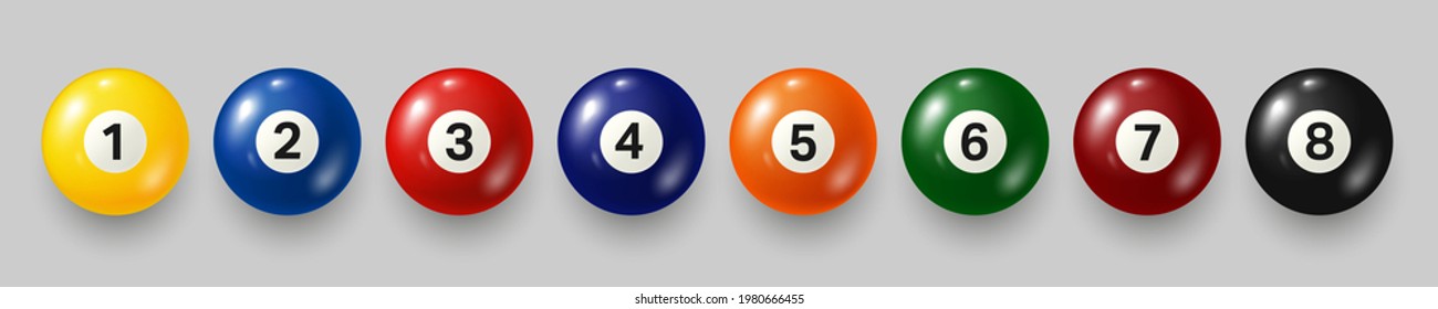 Colorful billiard, pool balls with numbers on gray background. Realistic glossy snooker ball. Vector illustration.