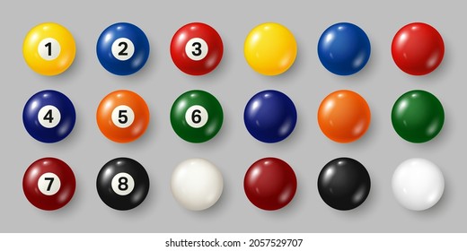 Colorful billiard, pool balls with numbers on gray background. Realistic glossy snooker ball. Vector illustration.