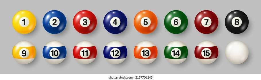 Colorful billiard, pool balls with numbers on gray background. Realistic glossy snooker ball. Vector illustration.