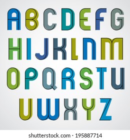 Colorful binary cartoon font, rounded upper case letters.