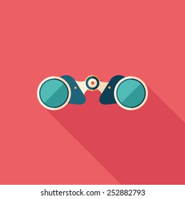 Colorful binoculars flat square icon with long shadows.