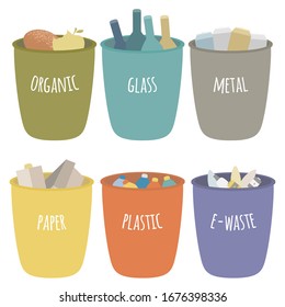 Colorful bins full of different types of waste: paper, plastic, e-waste, organic, glass and metal. Concept of recycling, Waste sorting, less plastic, zero waste. Flat. Vector stock illustration.