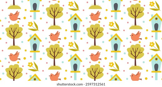 Colorful bird and birdhouse pattern with trees and flowers in a cheerful garden design featuring playful elements