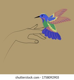 Colibri de pájaro colorido a mano. Fondo dorado. Ilustración del vector 