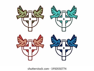 Colorful bird and Cross vintage illustration design