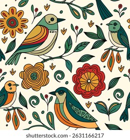 Colorful bird doodle seamless vector pattern garden animal background