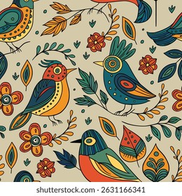 Colorful bird doodle seamless vector pattern garden animal background