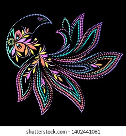 Colorful bird - dotted floral folk art traditional pattern. Vector logo design.