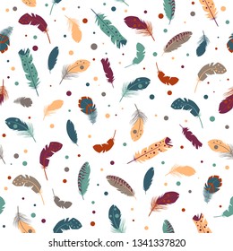 Colorful bird feathers and dots on white background seamless vector illustration