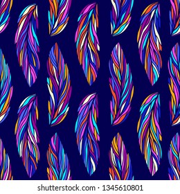 Colorful bird feathers, seamless vector pattern. Different multicolor feathers vector illustration, boho style.