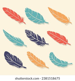 Colorful bird feathers set icon. Feather silhouette. Plumelet flat collection. Vintage pen for calligraphy. Vector isolated