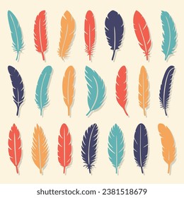 Colorful bird feathers set icon. Feather silhouette. Plumelet flat collection. Vintage pen for calligraphy. Vector isolated