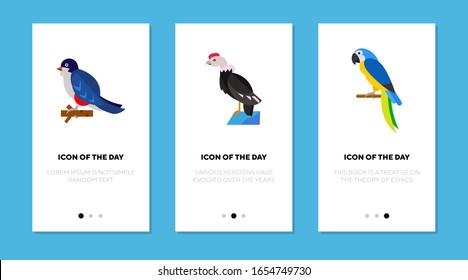 Colorful bird flat icon set. Tocororo, condor, macaw isolated vector sign pack. Wildlife and nature concept. Vector illustration symbol elements for web design and apps