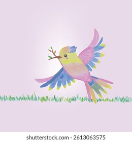 Colorful Bird in Flight Holding Twig Against Light Background