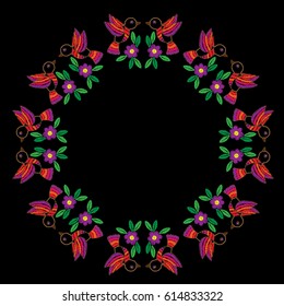 Colorful bird and flower frames embroidery stitches imitation on the black background. Vector embroidery wreath for card, invitation, posters, texture backgrounds, placards, banners.