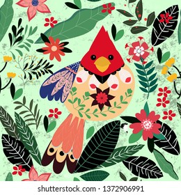 Colorful bird and flower seamless pattern,flower Botanical tropical colorful bird in floral and leaves ,illustration vector by freehand doodle comic art,cute greenery jungle forest style
