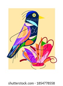 pájaro colorido con ilustración vectorial de flores. Colorido, de líneas, cubismo. fondo amarillo.