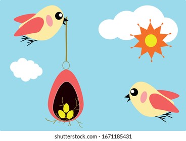 colorful bird flying with Easter egg nest. 