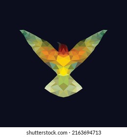 Colorful bird flying low poly design isolated on navy blue background