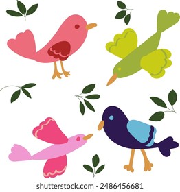 Colorful Bird Illustration Element For Fun, Summer, Kids Theme. For Room decoration, wallpaper, fabrics, promotion material, and any purpose.