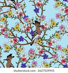 Colorful bird illustrations among blooming flowers