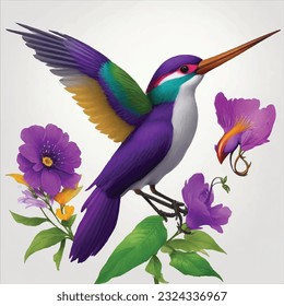 A colorful bird with a long beak with a long beak and a long beak with a purple flower on it 