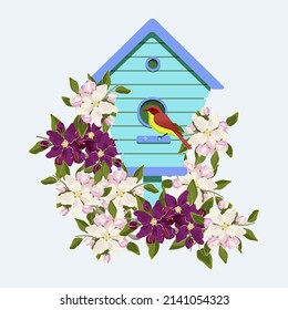 A colorful bird near the birdhouse among the flowers of apple trees. Vector illustration. Element for poster, scrapbooking, sticker set, greeting card.