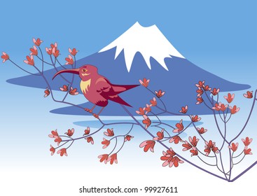 Colorful bird on a flowering branch against a background of  Mount Fuji