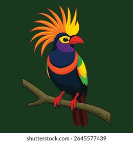 A colorful bird on a tree branch digital illustration, Bird digital illustration, kids book print illustration