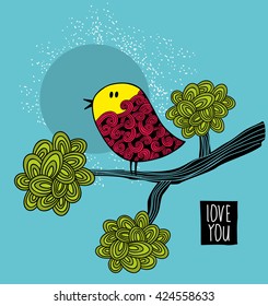 Colorful bird on the tree card cover. Vector illustration.
