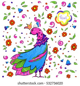 Colorful bird on a white background with bright flowers, leaves, dots. Frame for text. Business template for text information and print design.