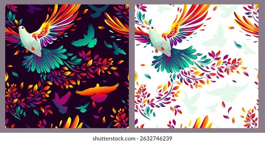 The colorful bird of peace, the dove Seamless pattern for fabric. Set of backgrounds dark and light. hand drawing. Not AI. Vector illustration.