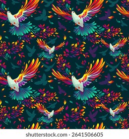 The colorful bird of peace, the dove Seamless pattern for fabric. hand drawing dark background. Not AI. Vector illustration.