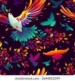 The colorful bird of peace, the dove Seamless pattern for fabric. hand drawing. Not AI. Vector illustration.
