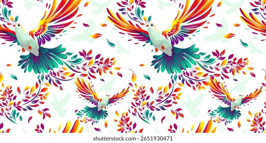 The colorful bird of peace, the dove Seamless pattern for fabric. hand drawing. Not AI. Vector illustration.