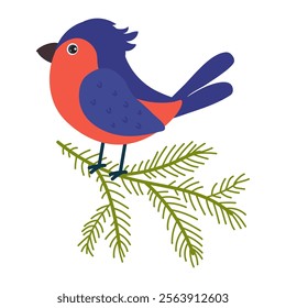 Colorful bird perched on a pine branch in a playful illustration style