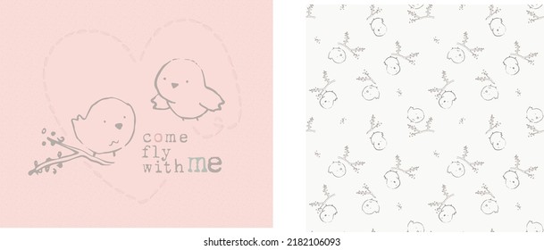 
Colorful  bird print and seamless pattern. With come fly with me slogan. Cute background for textile print, wrapping paper, wall art design